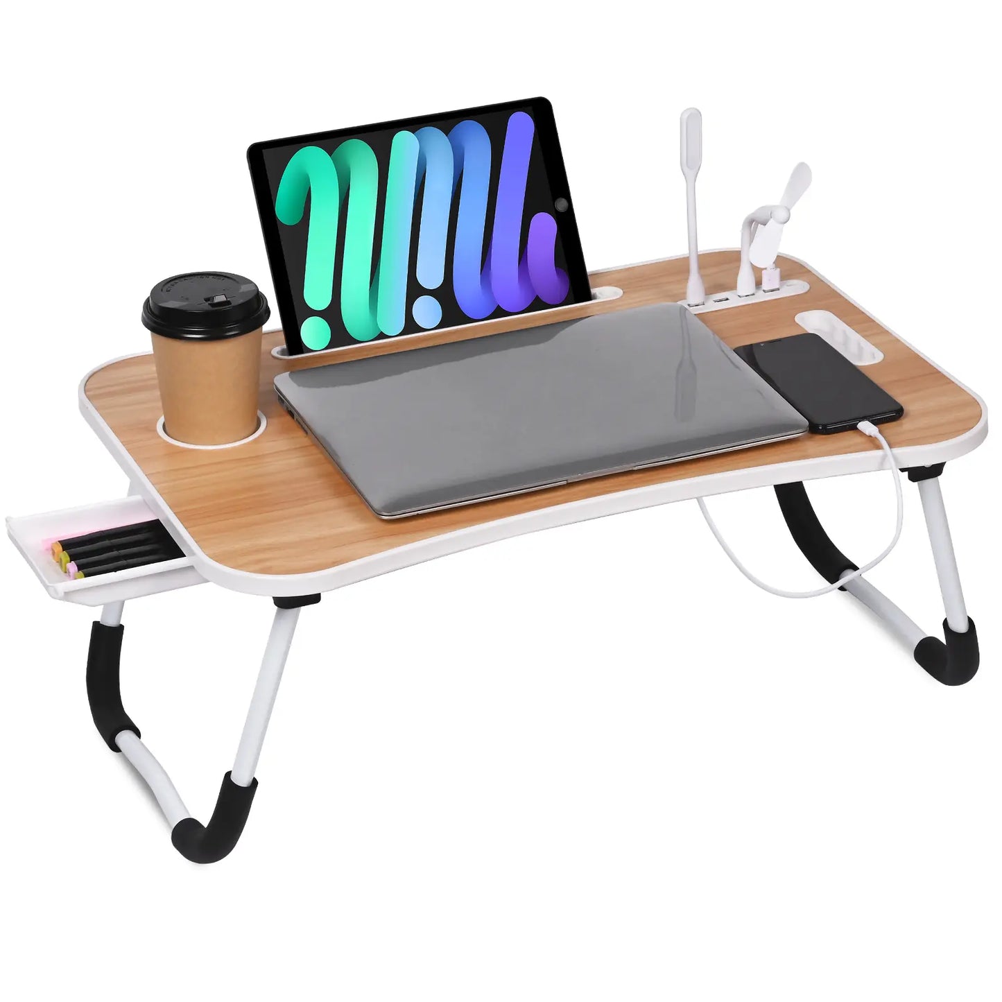 Portable Foldable Laptop Bed Desk with USB Ports, Storage Drawer, and Cup Holder for Comfortable Work and Reading on Bed or Couch - Available in Black, White, Pink, and Walnut