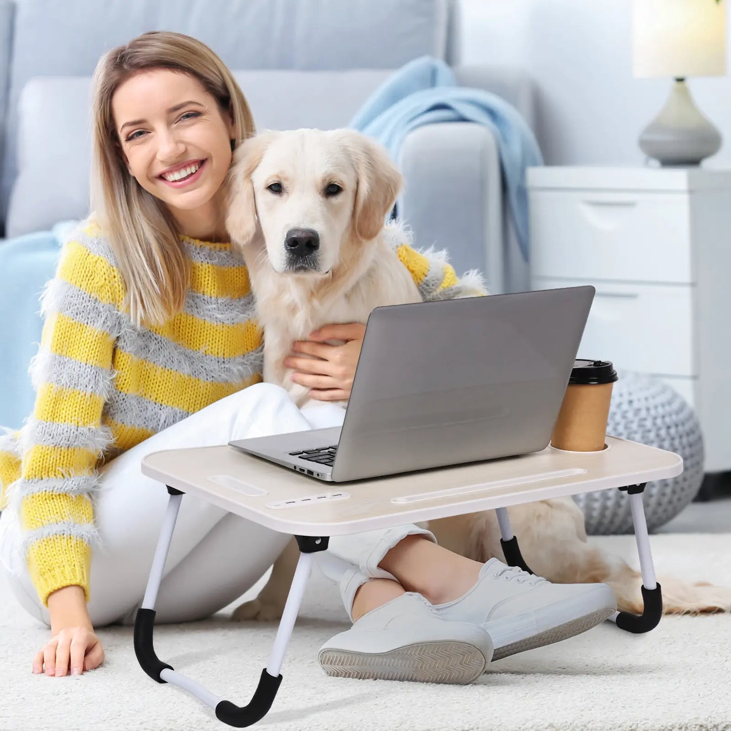 Portable Foldable Laptop Bed Desk with USB Ports, Storage Drawer, and Cup Holder for Comfortable Work and Reading on Bed or Couch - Available in Black, White, Pink, and Walnut