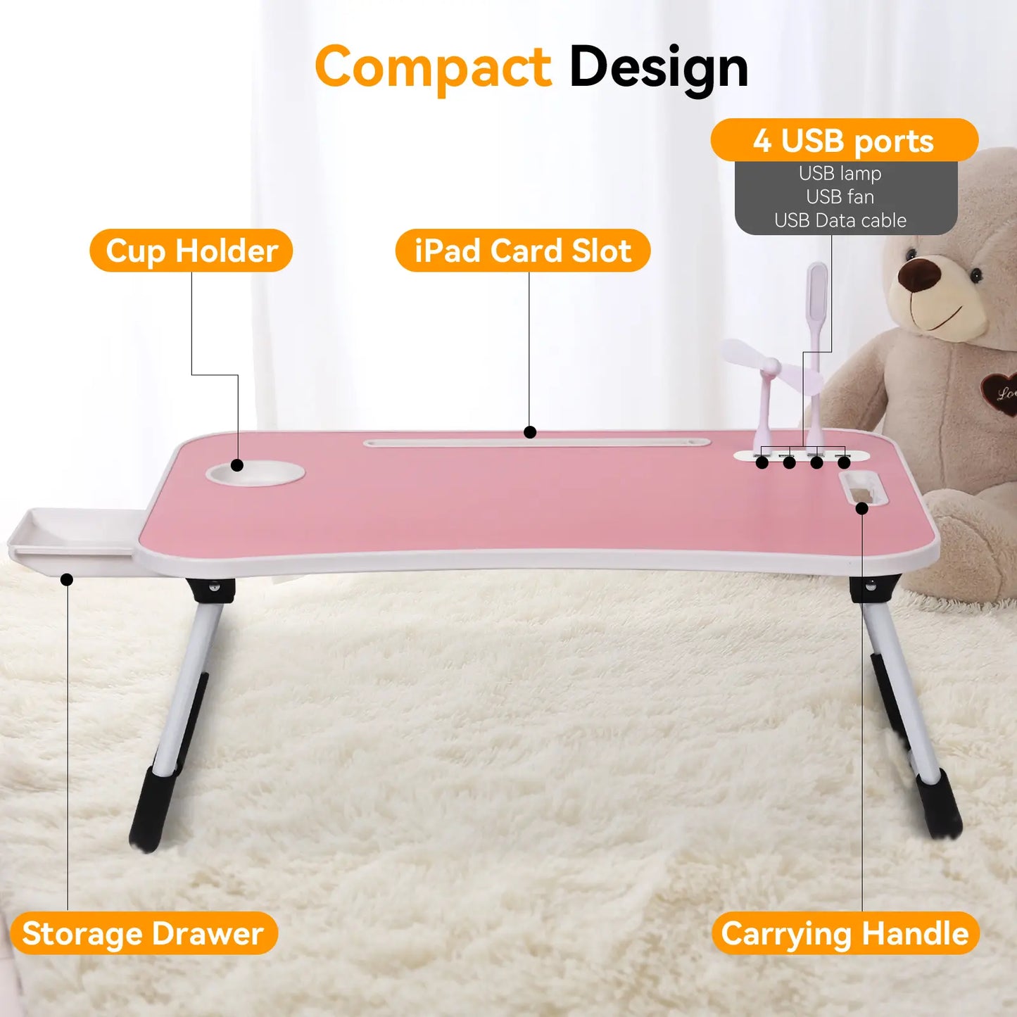 Portable Foldable Laptop Bed Desk with USB Ports, Storage Drawer, and Cup Holder for Comfortable Work and Reading on Bed or Couch - Available in Black, White, Pink, and Walnut