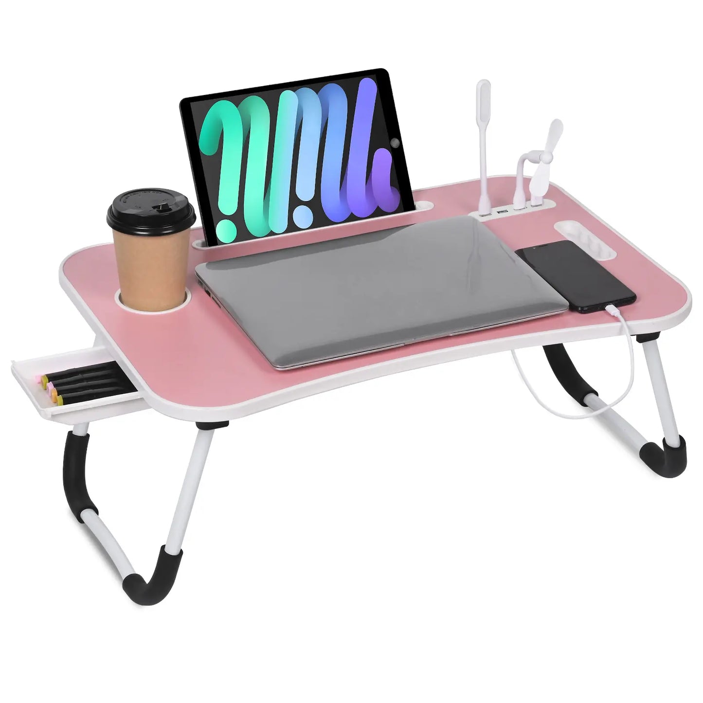 Portable Foldable Laptop Bed Desk with USB Ports, Storage Drawer, and Cup Holder for Comfortable Work and Reading on Bed or Couch - Available in Black, White, Pink, and Walnut