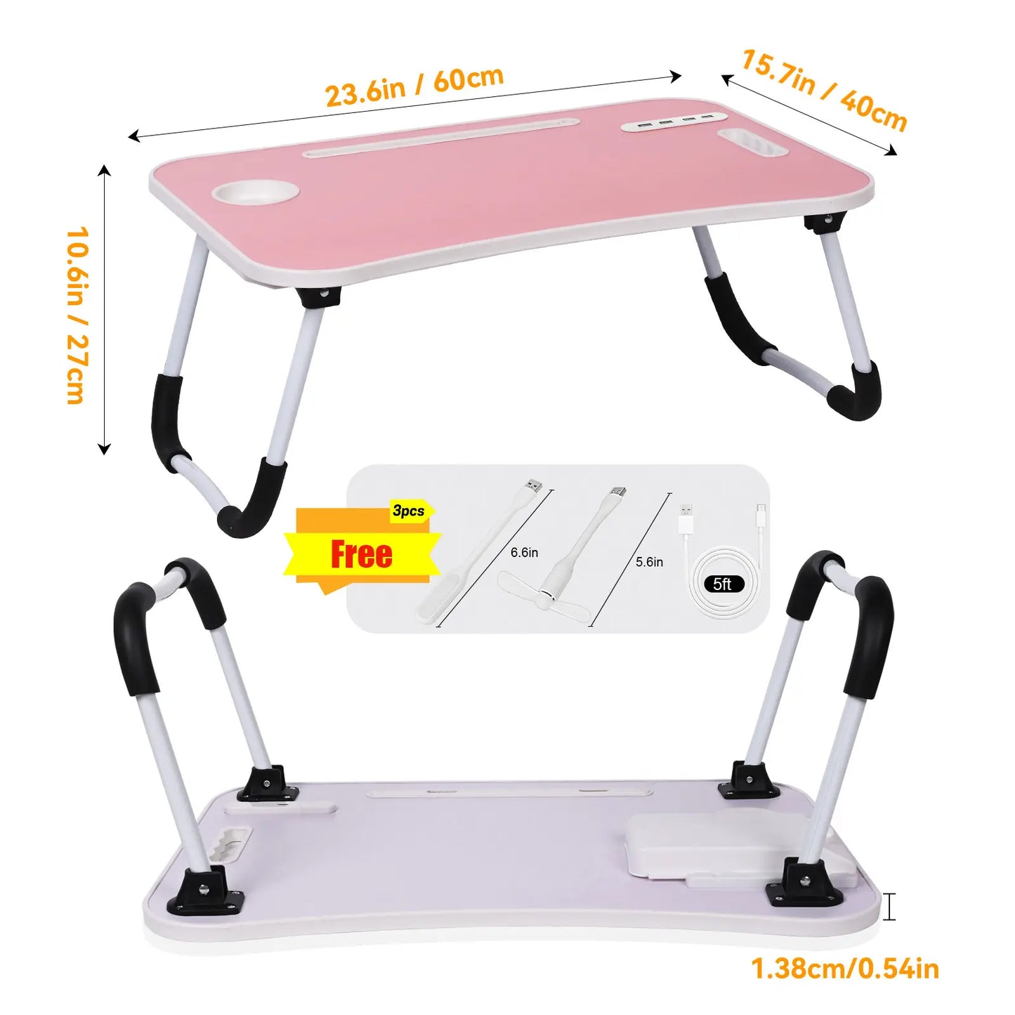 Portable Foldable Laptop Bed Desk with USB Ports, Storage Drawer, and Cup Holder for Comfortable Work and Reading on Bed or Couch - Available in Black, White, Pink, and Walnut