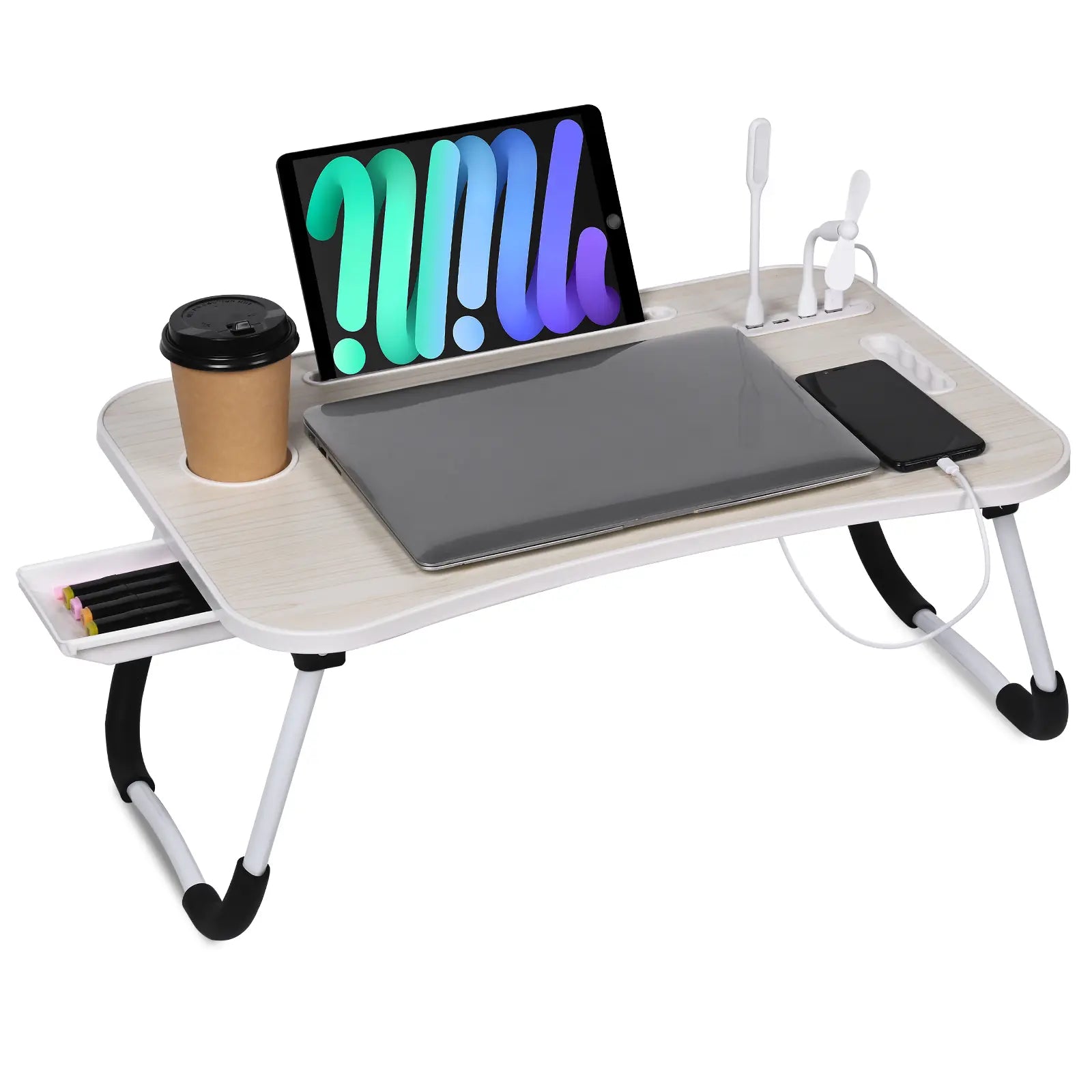 Portable Foldable Laptop Bed Desk with USB Ports, Storage Drawer, and Cup Holder for Comfortable Work and Reading on Bed or Couch - Available in Black, White, Pink, and Walnut