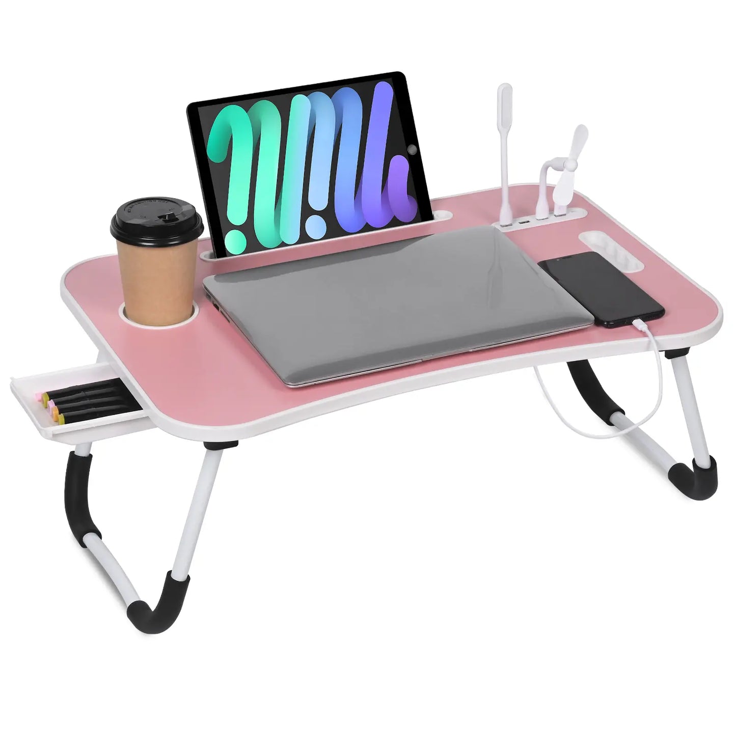 Portable Foldable Laptop Bed Desk with USB Ports, Storage Drawer, and Cup Holder for Comfortable Work and Reading on Bed or Couch - Available in Black, White, Pink, and Walnut