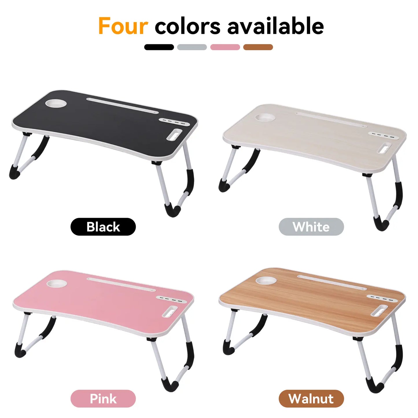 Portable Foldable Laptop Bed Desk with USB Ports, Storage Drawer, and Cup Holder for Comfortable Work and Reading on Bed or Couch - Available in Black, White, Pink, and Walnut