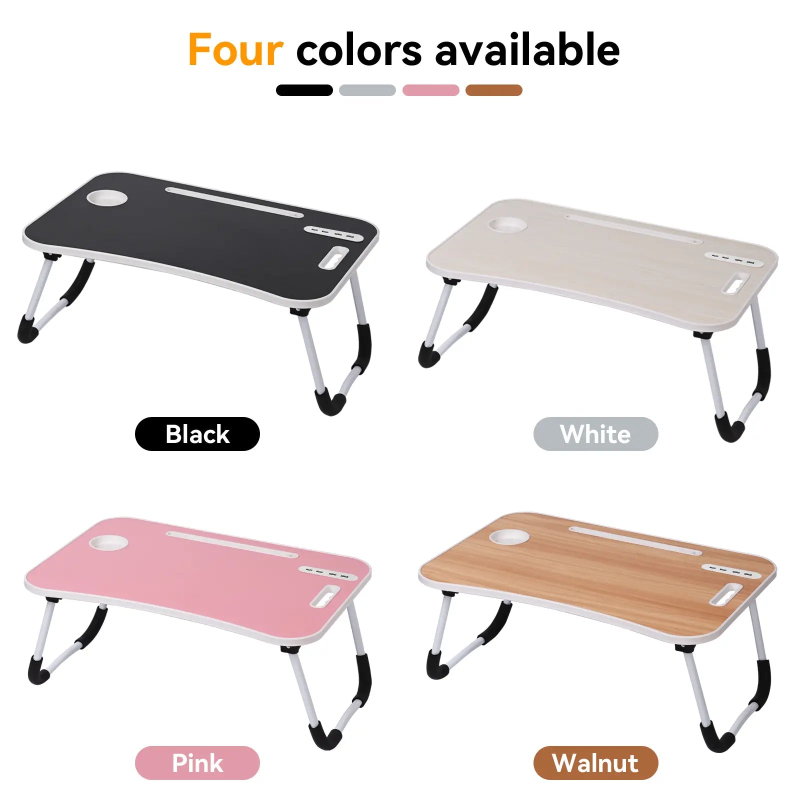 Portable Foldable Laptop Bed Desk with USB Ports, Storage Drawer, and Cup Holder for Comfortable Work and Reading on Bed or Couch - Available in Black, White, Pink, and Walnut