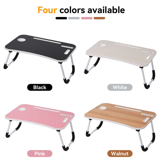 Portable Foldable Laptop Bed Desk with USB Ports, Storage Drawer, and Cup Holder for Comfortable Work and Reading on Bed or Couch - Available in Black, White, Pink, and Walnut